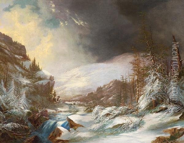 A Cascading Stream Through Snow-coveredmountains Oil Painting - Frederick A. Butman
