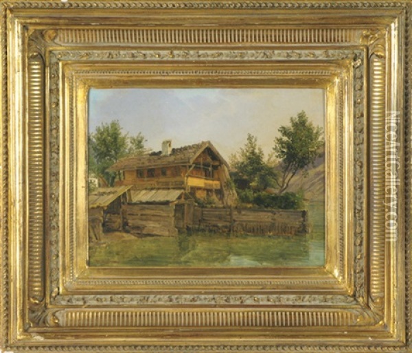 Holzandhaus Auf Flussbank (wood Country House On River Bank) Oil Painting - Franz Barbarini