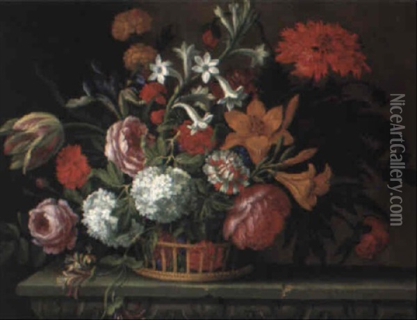 Corbeille De Fleurs Sur Un Entablement De Pierre Sculptee Oil Painting - Jean-Baptiste Monnoyer