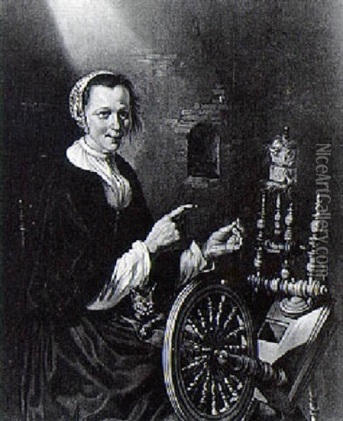 A Woman At Her Spinning Wheel Oil Painting - Willem Van Odekerken