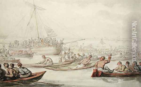 The Annual Sculling Race for Doggetts Coat and Badge, c.1805-10 Oil Painting - Thomas Rowlandson