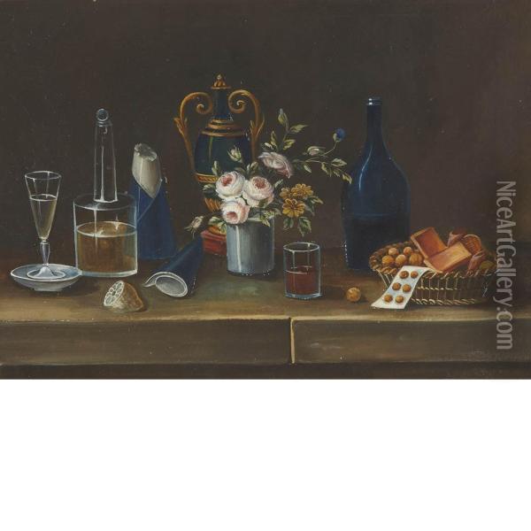 Tabletop Still Life Of Wine, Sugar, Flowers And Fruit On A Ledge Oil Painting - Paul Lelong