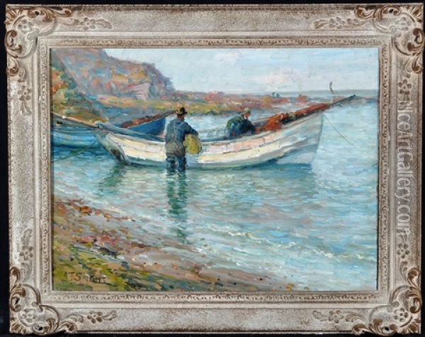 Fishermen Preparing To Set Out In A Coble Oil Painting - John Falconar Slater