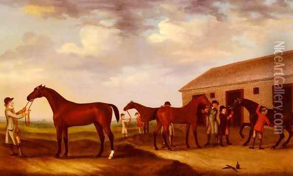 Four Racehorses Outside The Rubbing Down House, Newmarket Oil Painting - Francis Sartorius