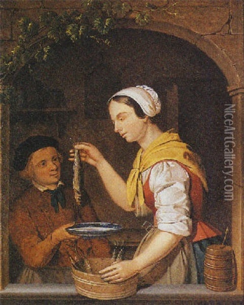 A Young Woman Holding A Herring, Standing With A Boy In A Window Oil Painting - Adriaen de Lelie