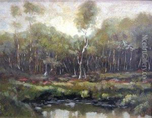 A Pond With A Stand Of Trees Beyond (aspens) Oil Painting - Julian Walbridge Rix