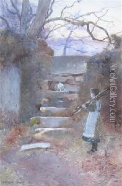 A Girl Gathering Wood With Her Puppy Oil Painting - Carleton Grant