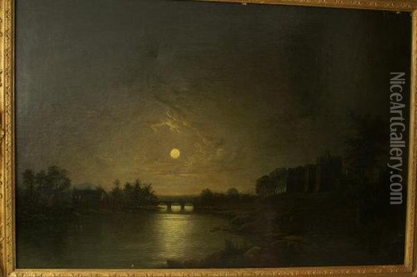 Moonlit River, With Castle Ruins Oil Painting - Henry Pether