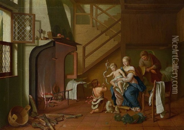 Die Hl. Familie Mit Johannesknaben In Der Stube Am Herdfeuer Oil Painting - Pieter Jacob Horemans