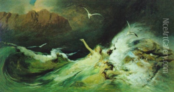 Zwei Meerjungfrauen An Sturmgepeitschter Felsenkuste Oil Painting - Wilhelm Simmler