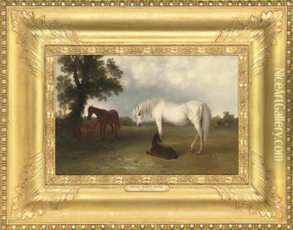 Mares And Foals Resting Beside A Tree Oil Painting - Edward Robert Smythe