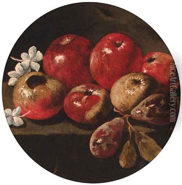 Apples, plums and blossom on a stone ledge Oil Painting - Luca Forte