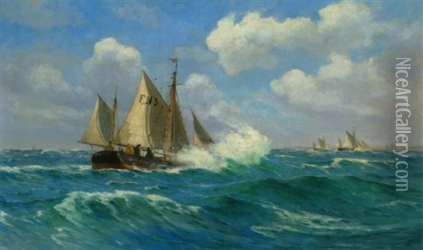 Fiskerbad Pa Havet Ud For Kysten Oil Painting - Carl Ludvig Thilson Locher