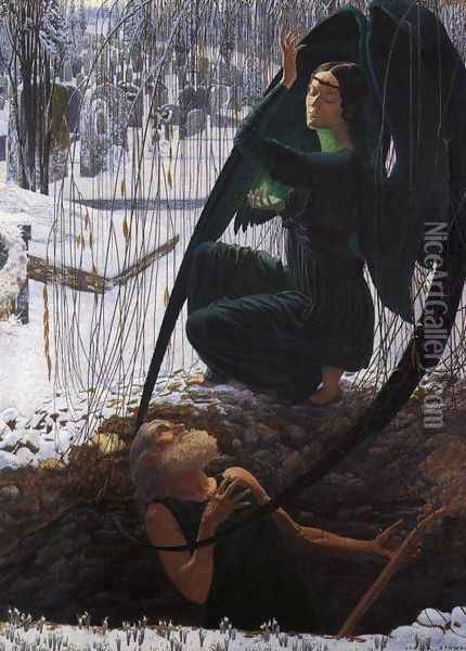 The Death and the Gravedigger, 1900 Oil Painting - Carlos Schwabe