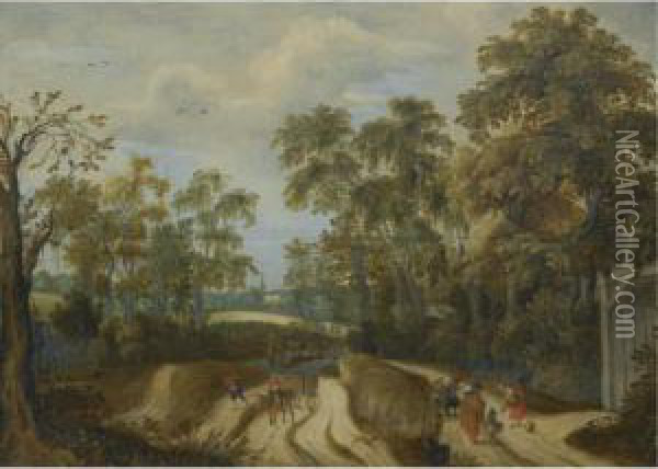 Peasants On A Country Road At A Forest Edge, A Church Beyond Oil Painting - Willem Van Den Bundel