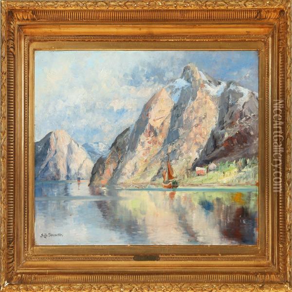 Norwegian Fiordscene Oil Painting - Sigvard Simensen
