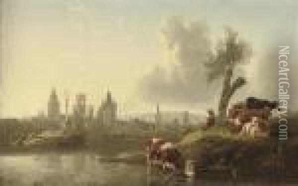 A River Landscape With Cattle Watering, A Town Beyond Oil Painting - Aelbert Cuyp