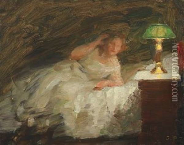 Reclining Woman In The Glow Of The Lamp Oil Painting - Julius Paulsen