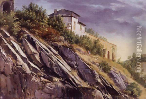 View Of A Building On Top Of A Rocky Hill Oil Painting - Alexandre Calame
