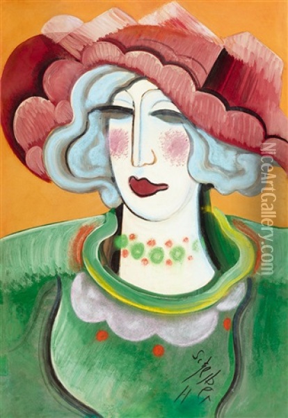 Woman With A Hat An Necklace Oil Painting - Hugo Scheiber
