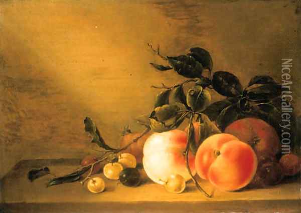 Peaches and other fruit an apple, an apricot, plums and cherries Oil Painting - Jacob Matham