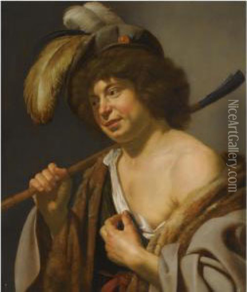 A Shepherd, Wearing A Plumed Hat, Holding A Staff In His Righthand Oil Painting - Jan Van Bijlert