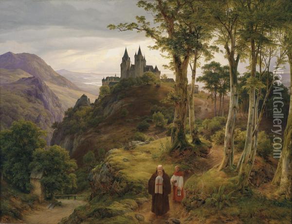 Romantic Landscape With Monastery Oil Painting - Carl Friedrich Lessing