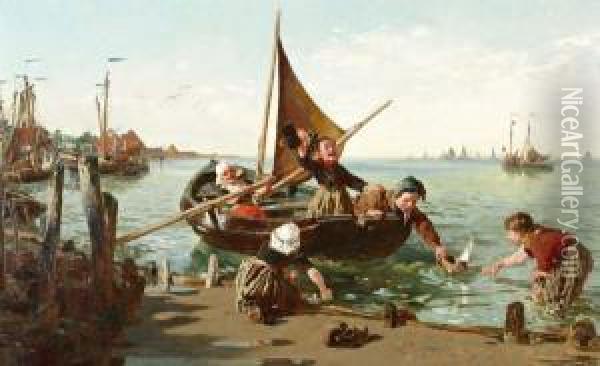 Mischief Afloat In Volendam Oil Painting - Thomas Walter Wilson