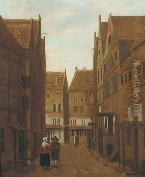 A city view with figures conversing in the street Oil Painting - Jacobus Vrel