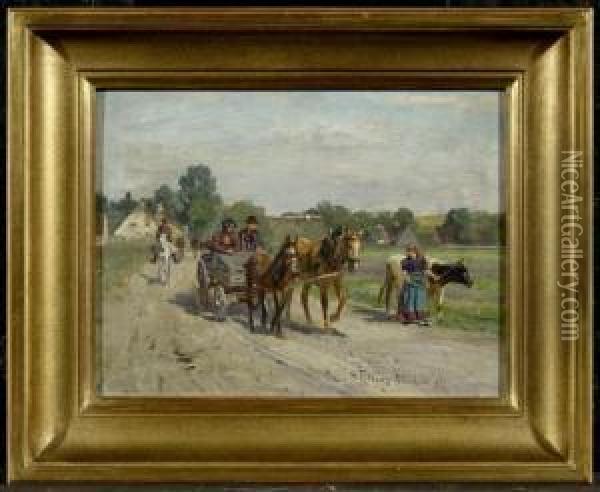 Coach Leaving A Village Oil Painting - Max Joseph Pitzner