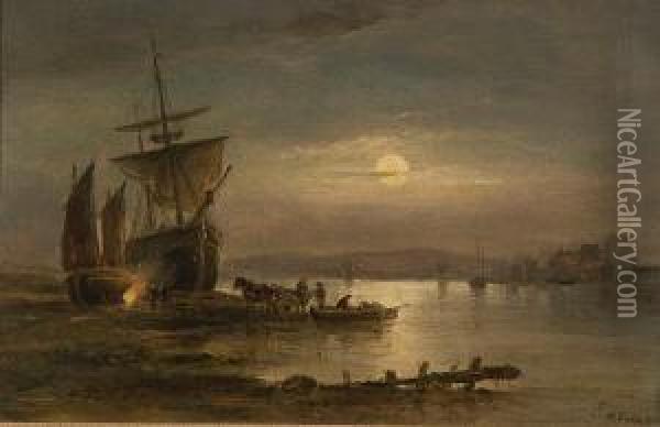 Moonlit Harbour Scene With Suspension Bridgeto The Rear Oil Painting - Henry Earp