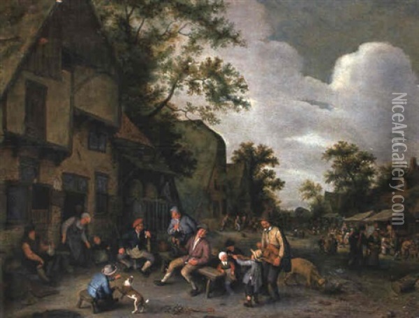 Peasants Listening To A Child Violinist Outside A Village Inn Oil Painting - Cornelis Dusart