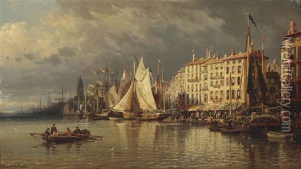A View Of A Mediterranean Harbour Oil Painting - Charles Euphrasie Kuwasseg