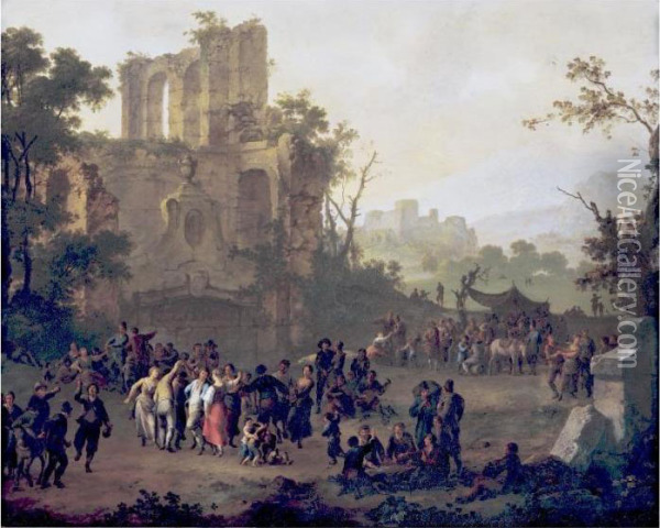 Peasants Merrymaking By A Ruin In A Mountainous Landscape Oil Painting - Franz Ferg
