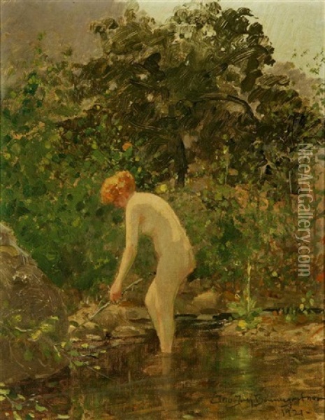 Nude Standing In A Wooded Pool Oil Painting - John Jay Baumgartner