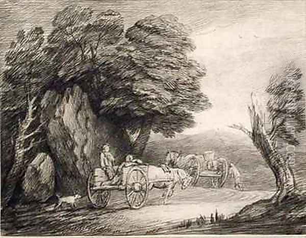 Wooded Landscape with Carts and Figures Oil Painting - Thomas Gainsborough