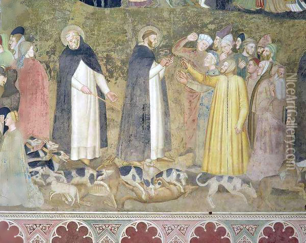 St. Dominic Sending Forth the Hounds and St. Peter Martyr Casting Down the Heretics, from the Spanish Chapel Oil Painting - Andrea Bonaiuti da Da Firenze