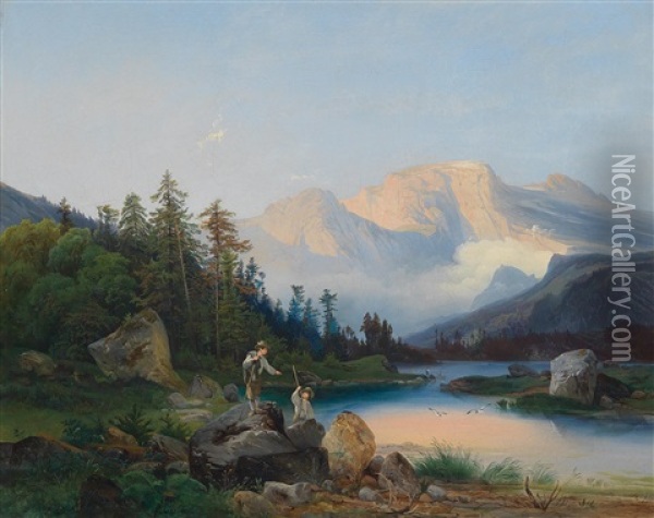 Wanderer Am Gebirgsseeufer Oil Painting - Josef Holzer