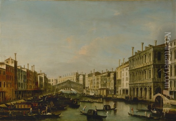 Venice, A View Of The Grand Canal Towards The Rialto Bridge Oil Painting -  Master of the Langmatt Foundation Views