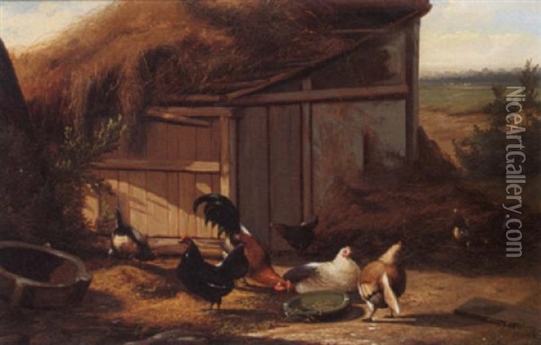Poultry Near A Barn Oil Painting - Jef Louis Van Leemputten
