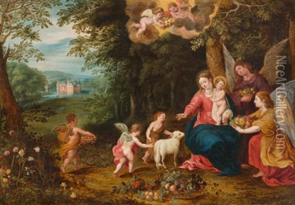 Waldlandschaft Mit Heiliger Familie Und Johannes D. Taufer Oil Painting - Jan Van Balen