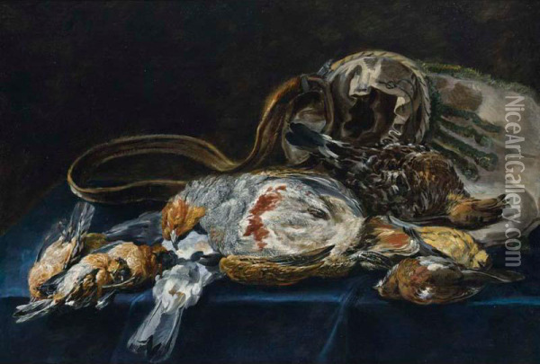 A Hunting Still Life With A Partridge, A Bull Finch And Other Birds Together With A Hunting Bag, All On A Blue Draped Table Oil Painting - Joannes Fijt