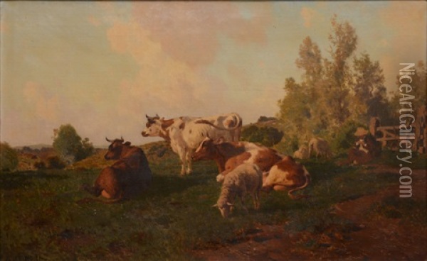 Berger Gardant Ses Vaches Et Ses Moutons Oil Painting - Jules Didier