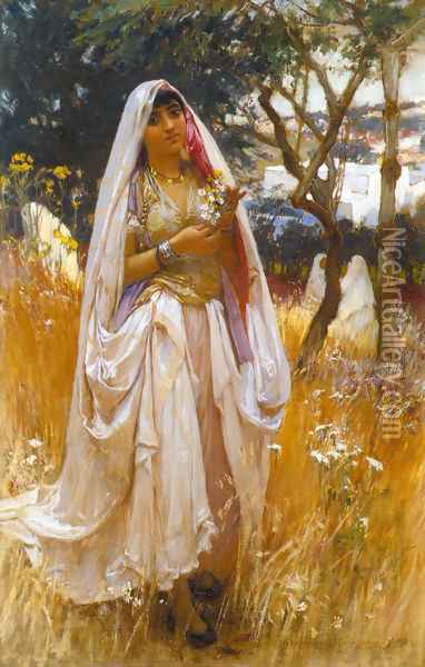 La Jeune Mauresque, Campagne D'Algiers (Moorish Girl, Algiers Countryside) Oil Painting - Frederick Arthur Bridgman