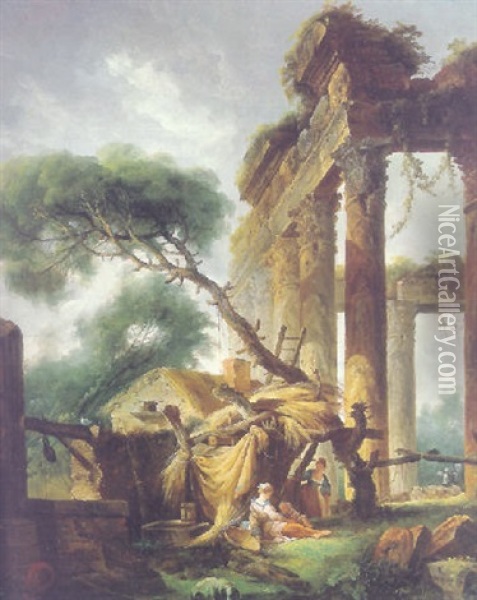 A Landscape With Figures And Ruins Oil Painting - Hubert Robert