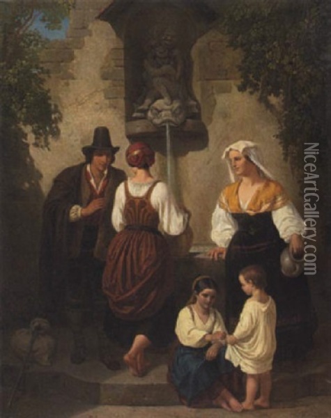 Italienischer Brunnen, Vor Dem Frauen, Kinder Und Ein Wanderer Beim Wasserschopfen Stehen Oil Painting - Josef Fay