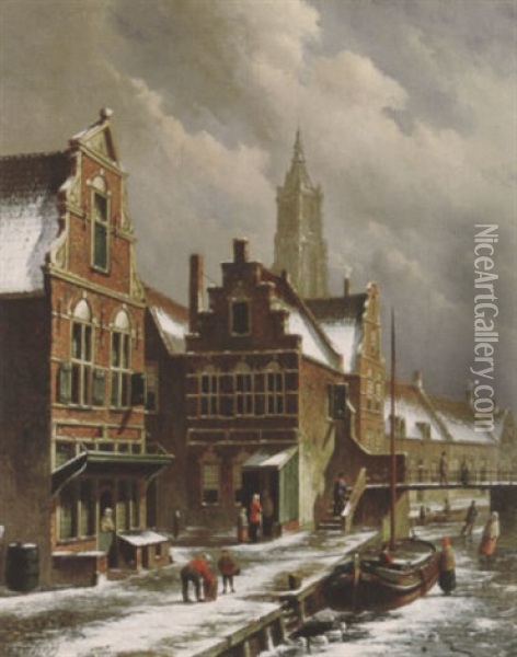 Winter By The Canal Oil Painting - Oene Romkes De Jongh