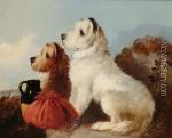 Two Hungry West Highland Terriers In A Landscape Oil Painting - William Walker