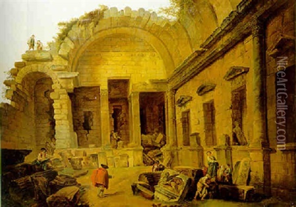 The Interior Of The Temple Of Diana, Nimes, With An Artist Sketching And Peasants Conversing Oil Painting - Hubert Robert