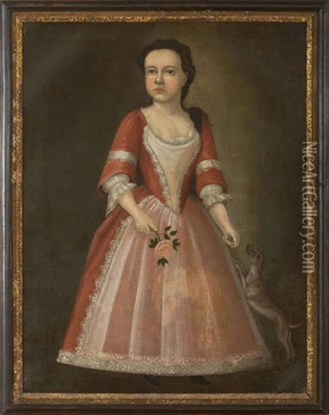 Portrait Of A Young Lady In Pink Dress With Her Dog And Holding A Rose Oil Painting - Joseph Badger